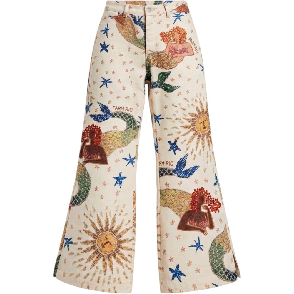 Farm Rio Womens Mermaid Sun Star Print Flare Twill Boho Dress Pants Medium